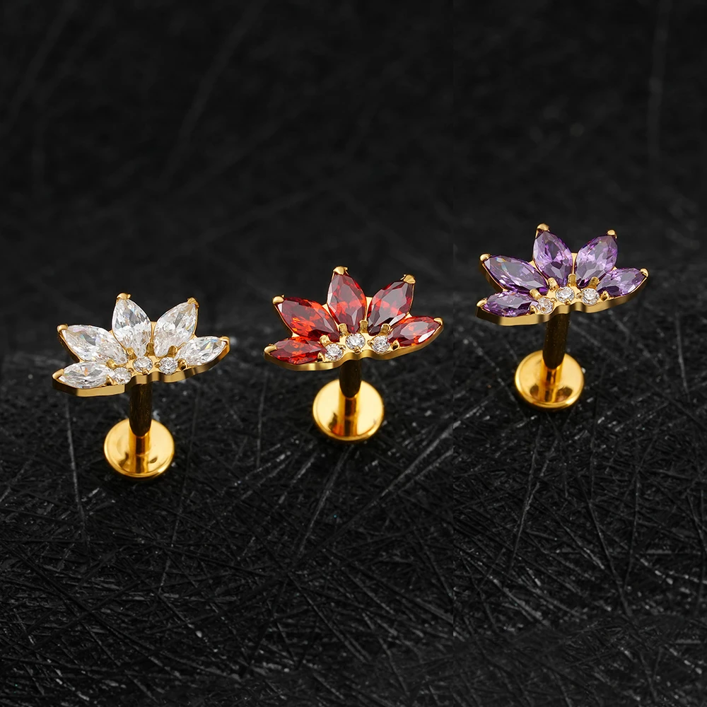 Right Grand ASTM F136 Titanium Marquise Lotus Cartilage Earring 16G Flower CZ Helix Flat Back Stud Labret Piercing Jewelry