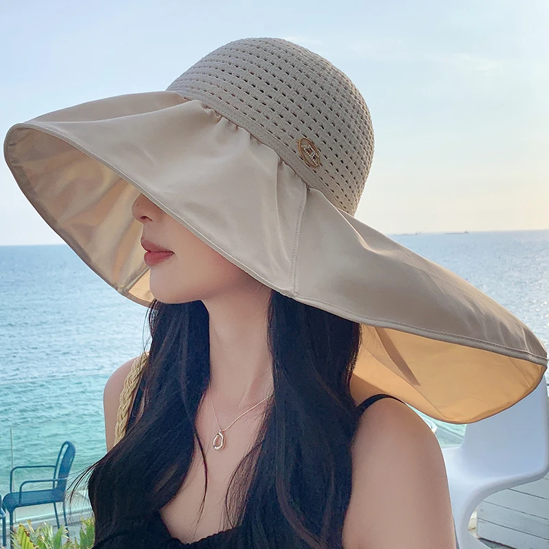 

Women Summer Hat Bucket Hat with Shawl Lightweight Breathable Mesh Face Neck Protection Outdoor Sun Hat Big Brim Travel Beach