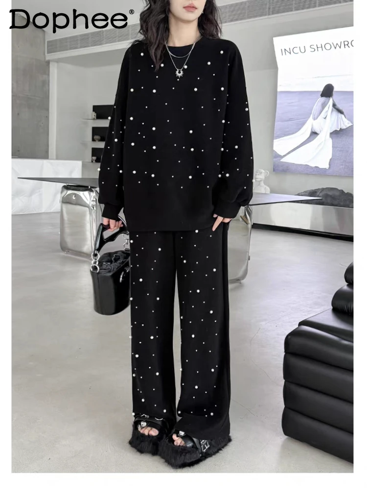 

Свободные толстовки и брюки с широкими штанинами, комплект из 2 предметов, Новинка весна-осень 2024, модный брючный костюм с бусинами для тяжелой промышленности