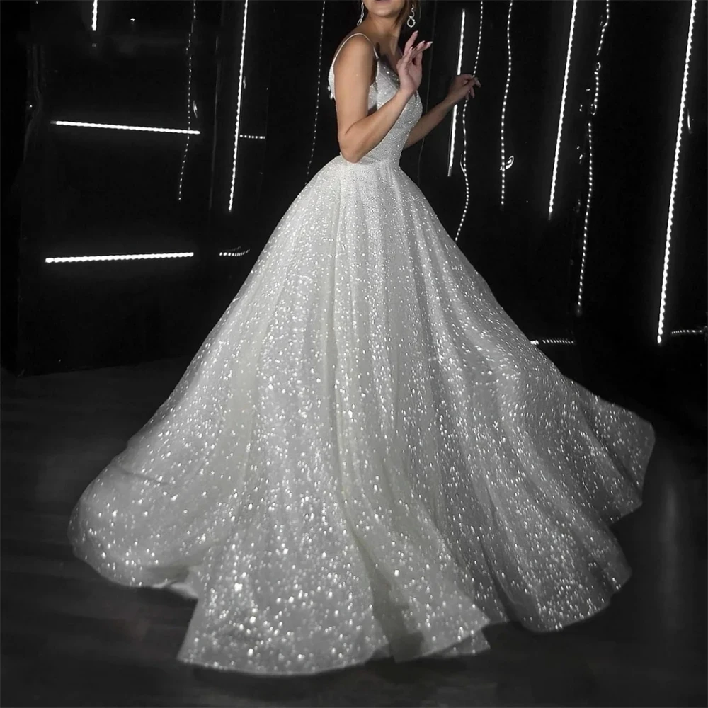 Glitter White Sequins Wedding Dresses Spaghetti V-Neck A Line Long Bridal  Gowns | eBay