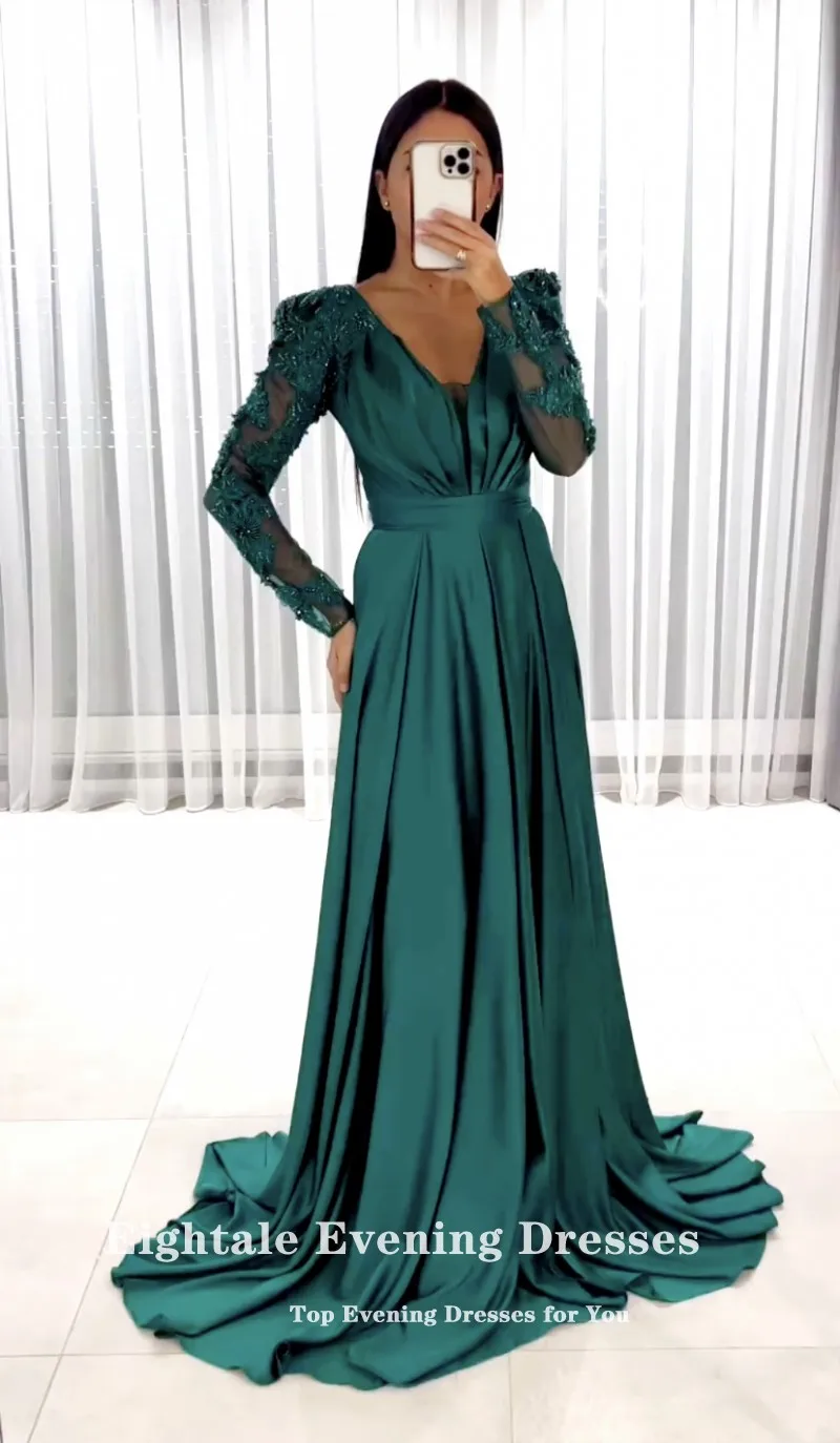 Arabic Evening Dress Sequined Shiny Long Sleeves Satin Formal Prom Gow –  Chellen-prom