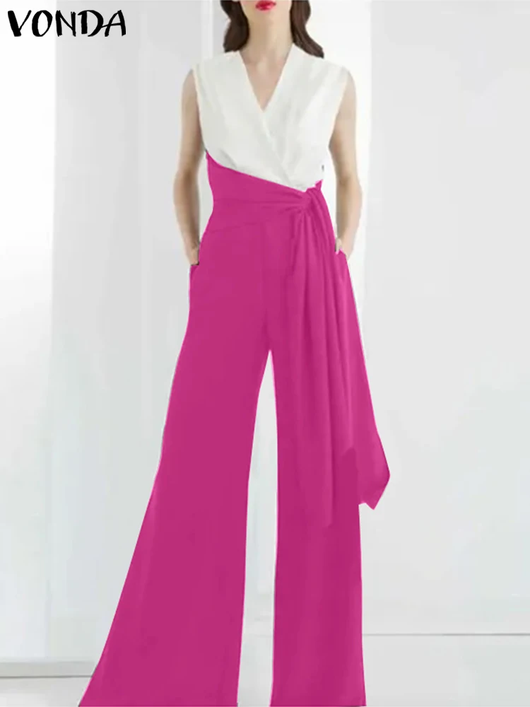 

2023 Women Party Jumpsuits Sexy V-neck Sleeveless Rompers VONDA Elegant Office Lady High Waist Side Pockets Patchwork Playsuits