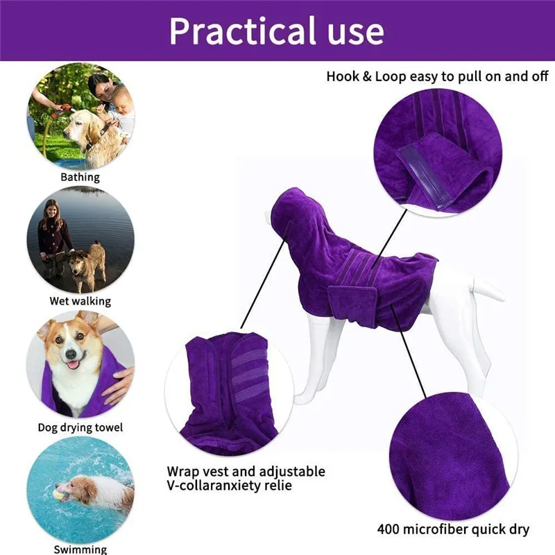 Albornoz absorbente para perro, bata de baño para mascotas, abrigo de secado, toalla para perros grandes, medianos y pequeños, secado súper rápido, suave y ajustable