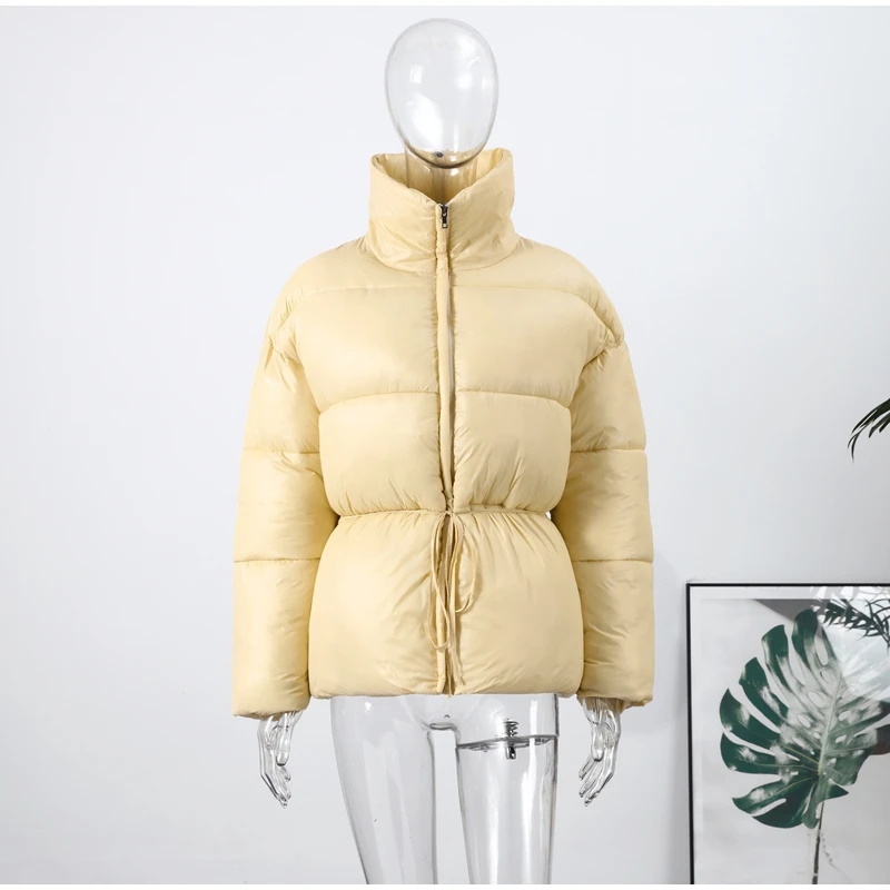 Lace up Stand Collar Cotton Jacket Woman Long Sleeve Zipper Waist Cinching Casual Coat Street Versatile Women's New Warm Jackets