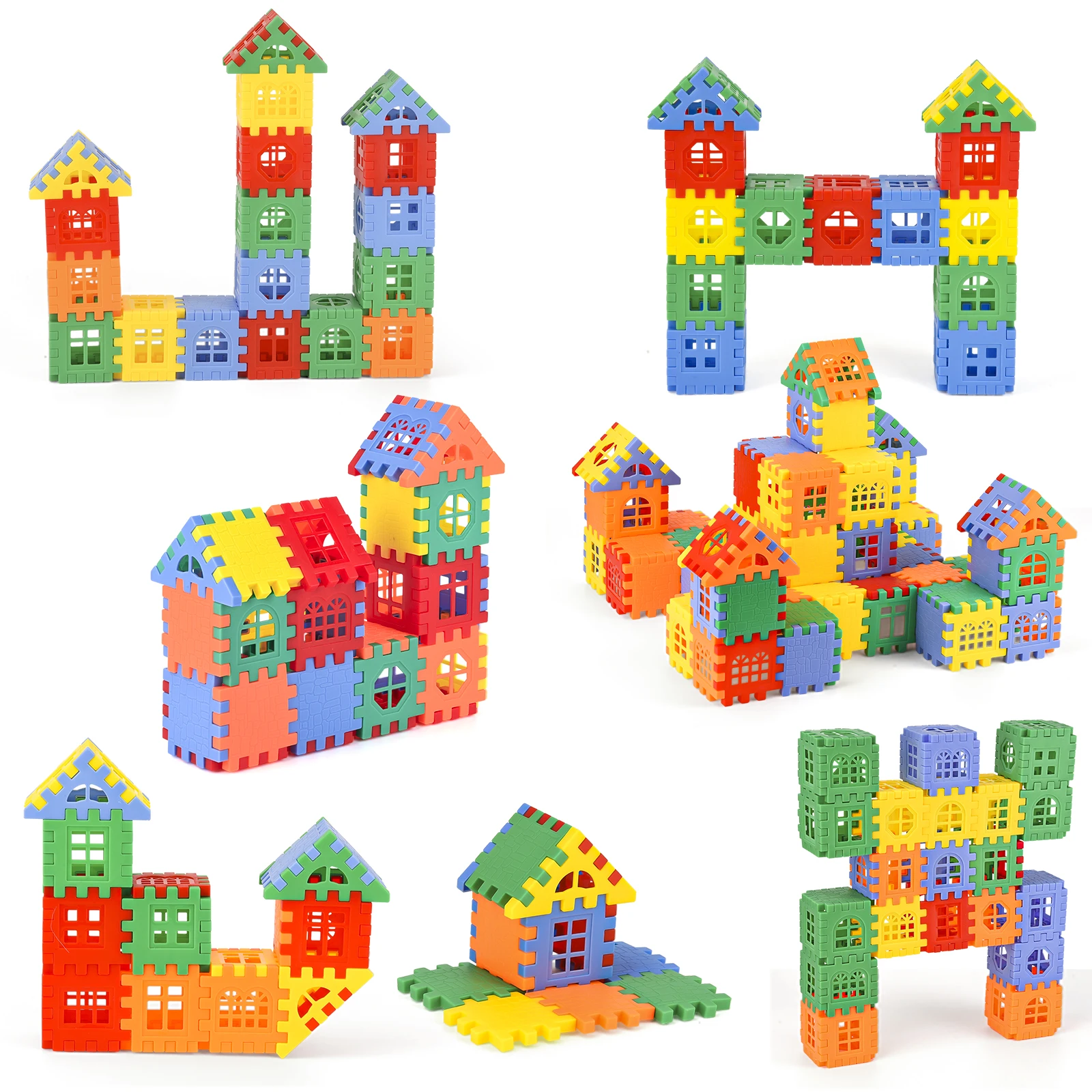 Children's Multicolored Plastic Block Building Houses And DIY Toys