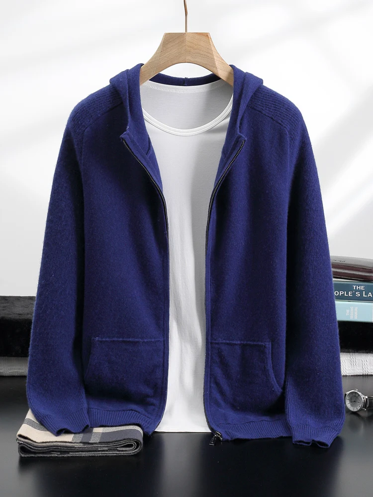 Yoyoselect Men 100% Cashmere Sweater Suit Zipper Hooded Cardigan Casual Pants Luxury Knitwear Autumn Winter Thick Warm Clothing 2
