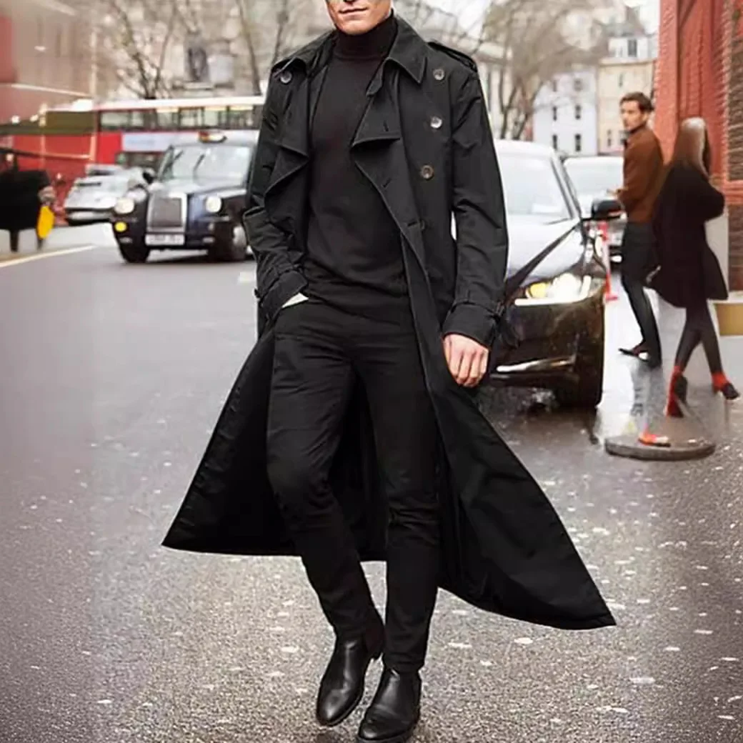 Men Trench Turn Down Collar Long Coat Button Jackets Full Sleeve Casual Solid Coats Straight Pocket Male High Street