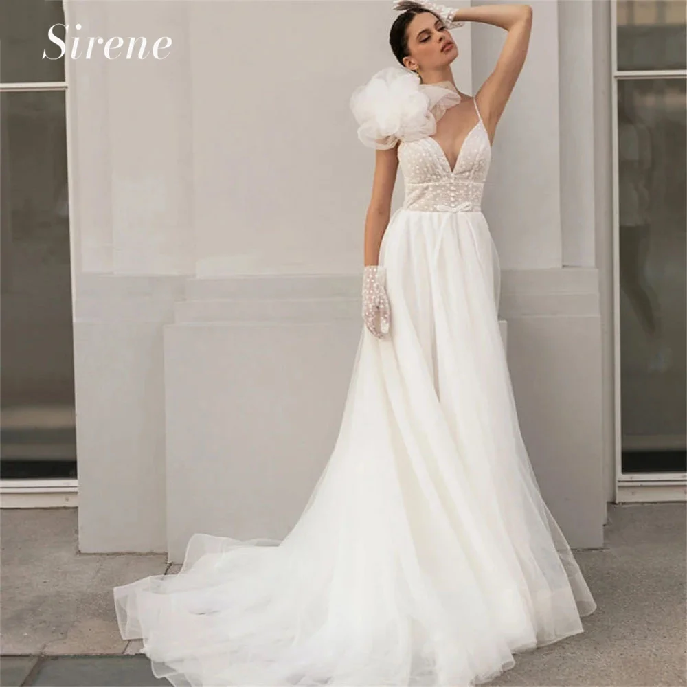 Sirene Elegant Wave point 3D Flower Tulle Wedding Dress Illusion V-Neck A-Line Spaghetti Button Open Back With Bow Bridal Gowns elegant lace tulle mermaid wedding dress 2022 princess long sleeves o neck illusion sweep train back with button bridal gowns