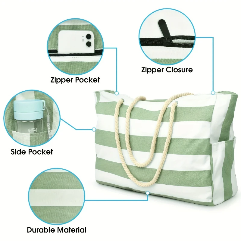 Chic Striped Waterproof Beach Tote with Foldable Design and Ample Storage