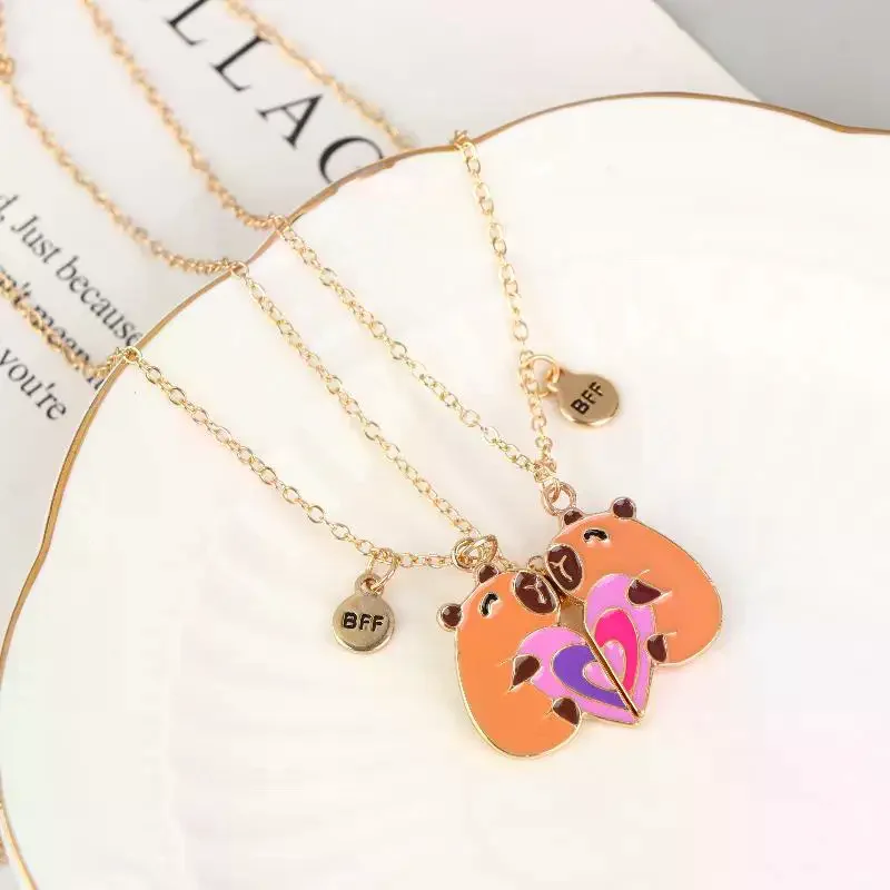 2Pcs Cute Cartoon Capybara Heart Puzzle Pendant Magnetic Best Friend Necklace For Besties Friendship Jewelry Gifts