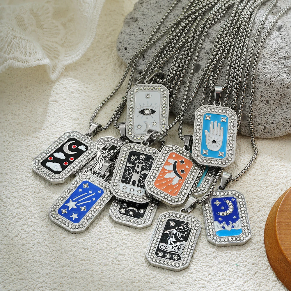 Silver Color Stainless Steel Square Tarot Card Palm Evil Eye Star Moon Sun Pendant Neckalce Zircon Unisex Punk Vintage Jewelry