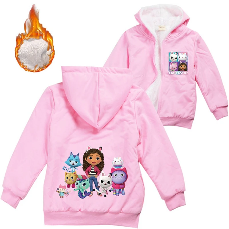 Gabby\'s Dollhouse Teenager Boys Clothes Kids Warm Thick Velvet Hoody Jacket Gabby Cats Baby Girls Zipper Jackets Children\'s Coat