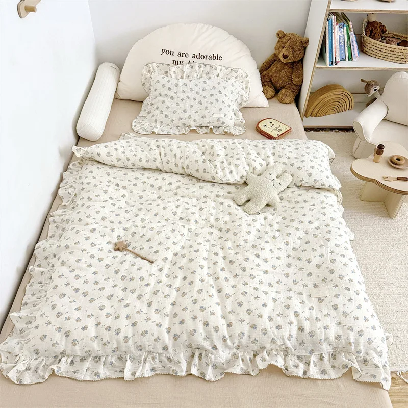 Toddler Bedding Set with Flowers Cotton Muslin Duvet Cover Set Twin Size with Pillow Covers