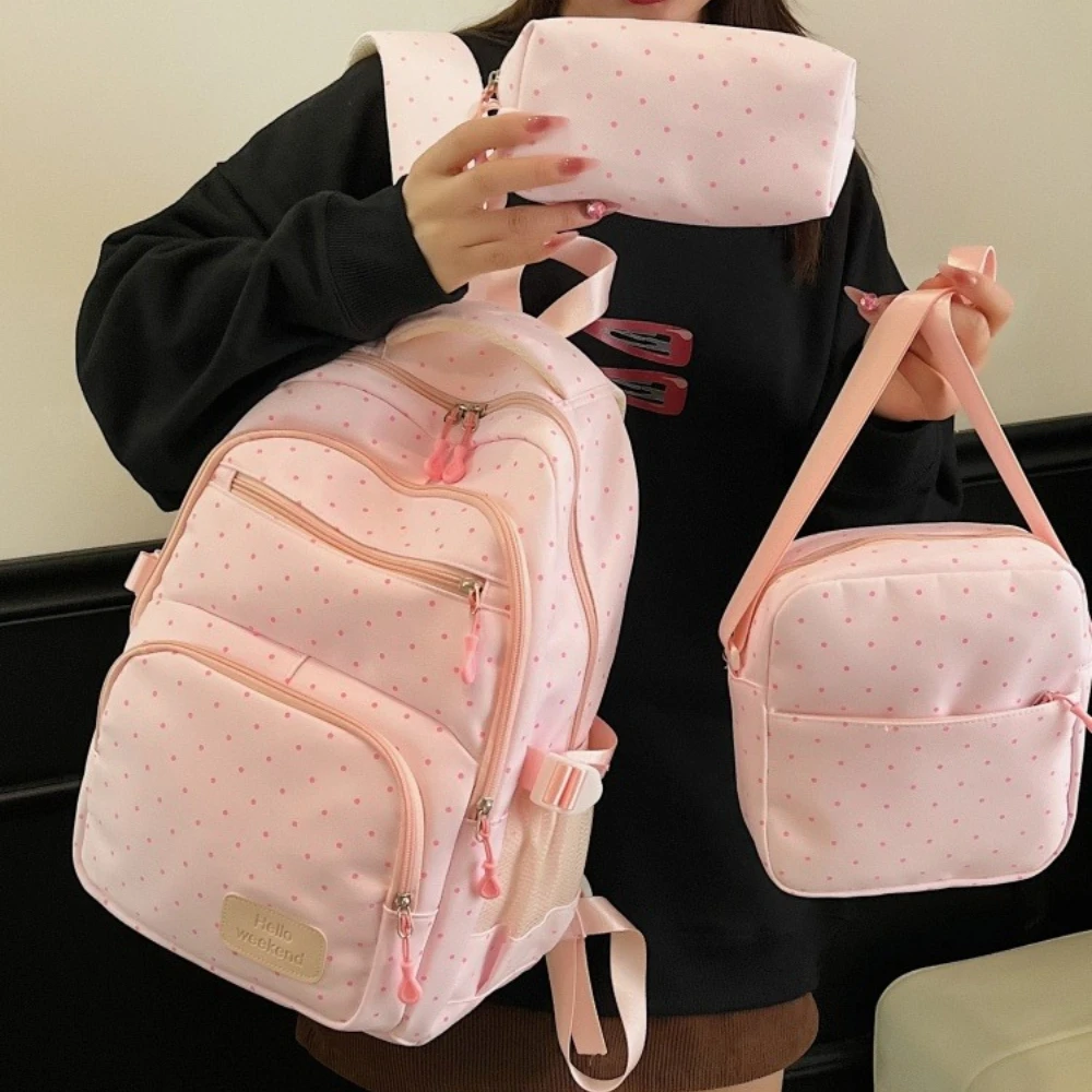 Charming Polka Dot 3-Piece Backpack, Crossbody Bag & Pencil Case Set - Large-Capacity Casual Travel Pack