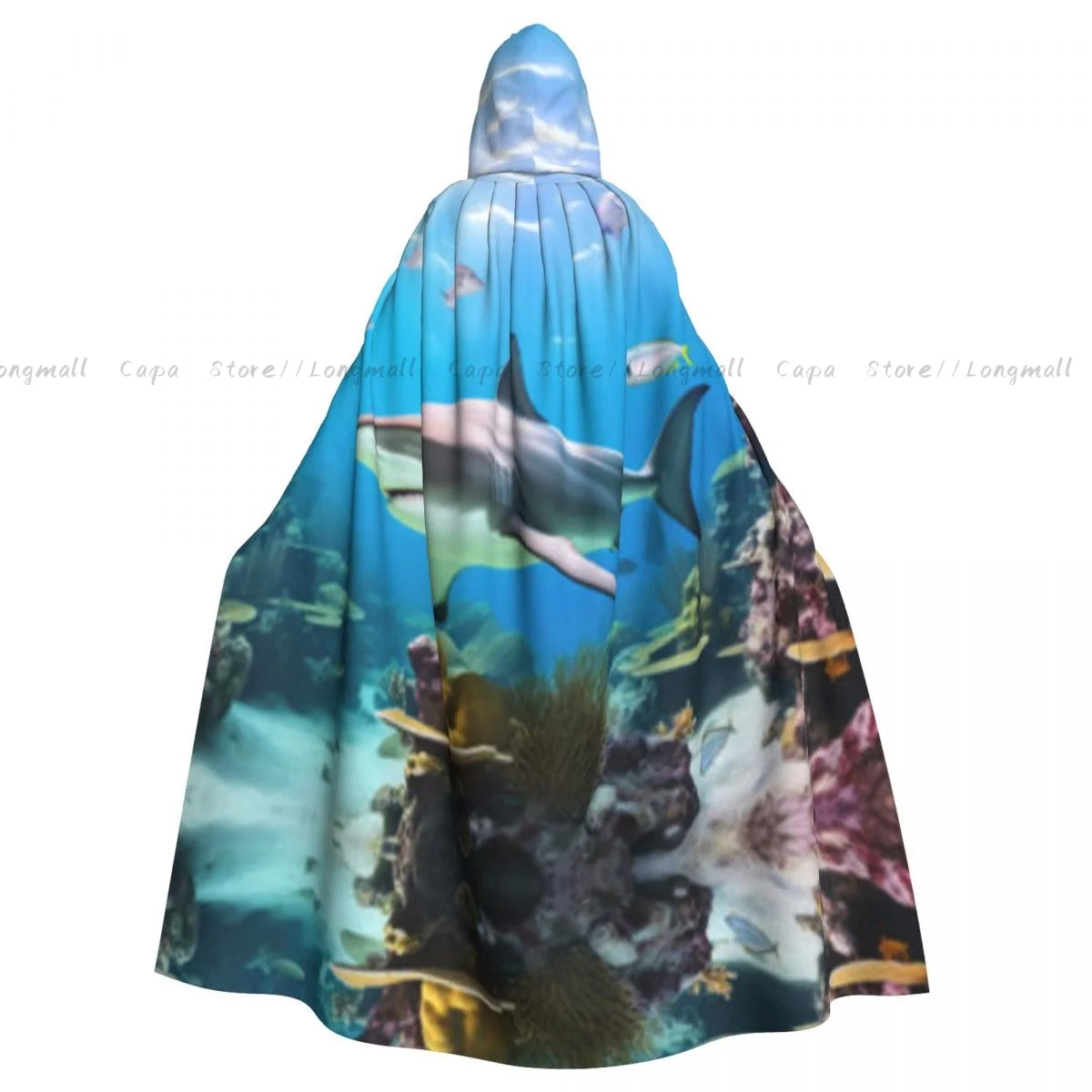 

Sharks In Coral Reefs Hooded Cloak Coat Halloween Cosplay Costume Vampire Devil Wizard Cape Gown Party