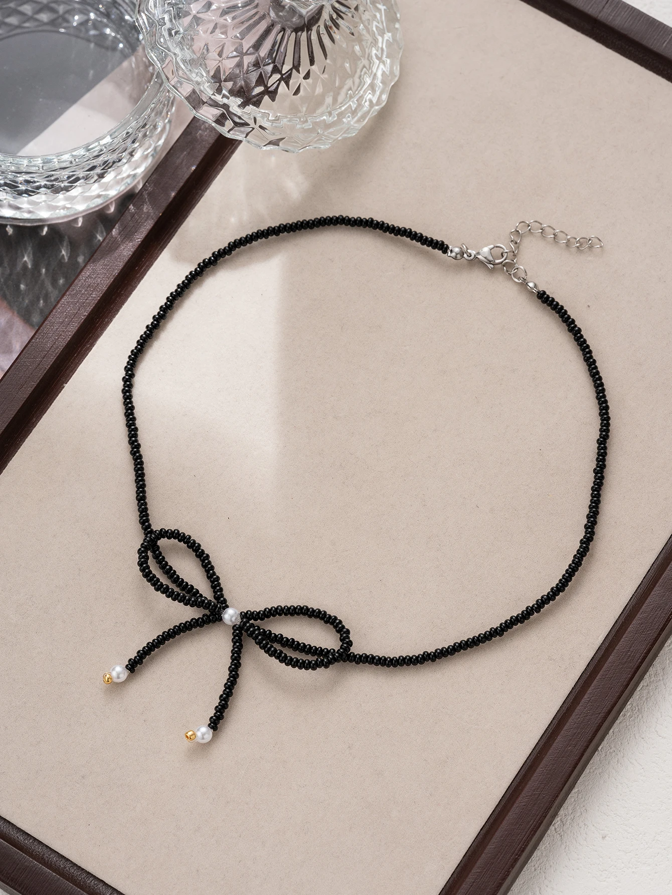 Black Bow Beaded Necklace Daily Jewelry Women