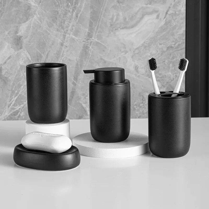 Nordic Ceramic Bathroom Lotion Bottle Press Hand Sanitizer Bottle Mouthwash Cup Toothbrush Holder Black Liquid Soap Dispenser bathroom accessories
