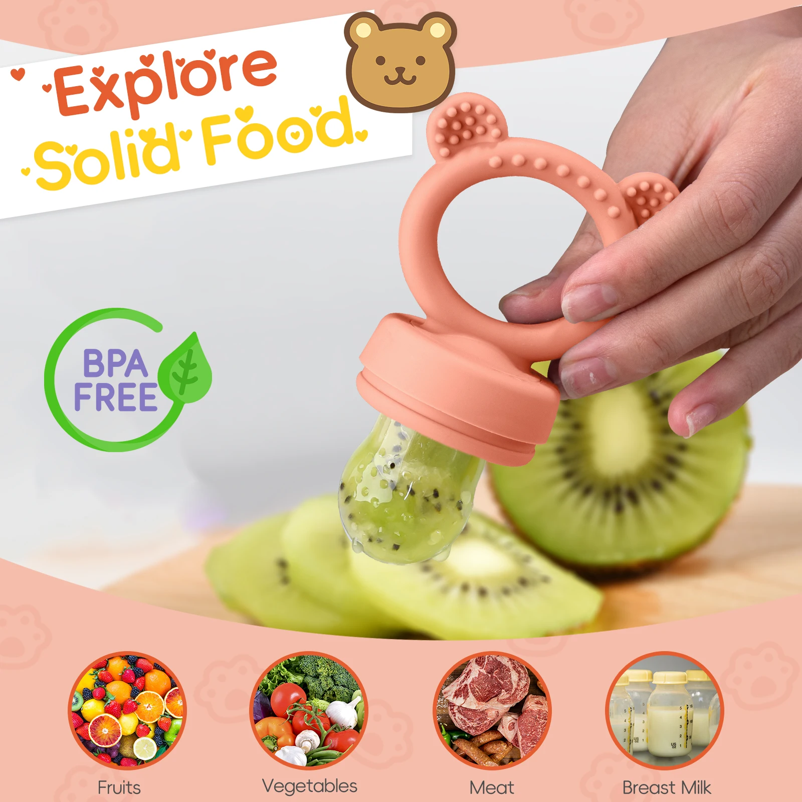 Baby Teething Relief Toy with Tray Replacement Pacifiers Breast Milk Ice Pop Molds Silicone Baby Fruit Feeder BPA-Free - 3