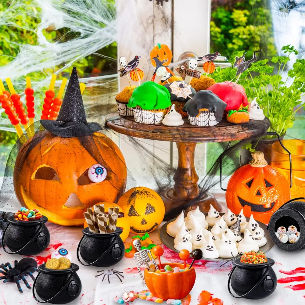 12pcs Mini Black Cauldron with Handle Halloween Mini Witch Cauldron Kettles Multi-purposed Small Plastic Halloween