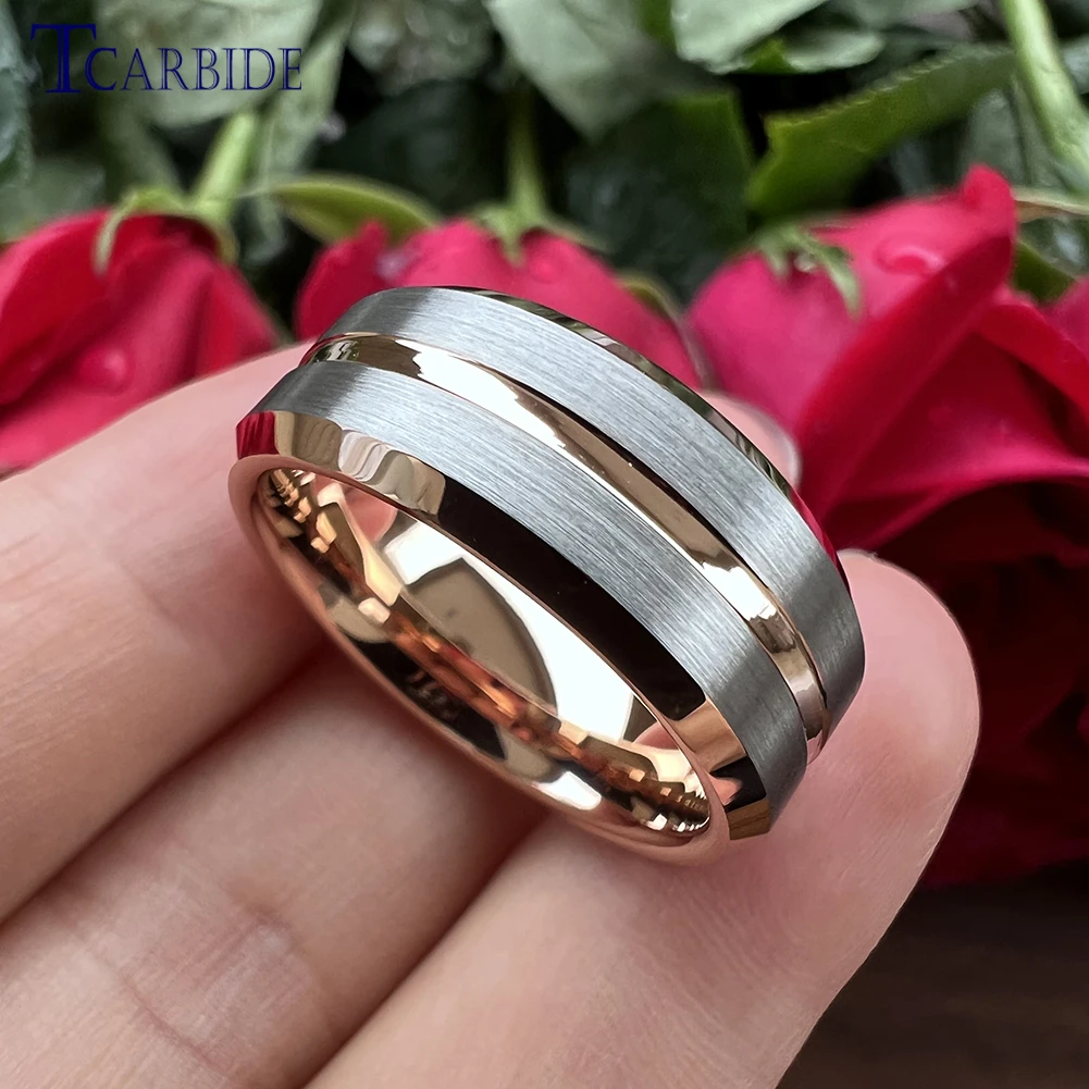Dropshipping TCarbide 8MM Black Tungsten Wedding Band Men Women Engagement Ring Grooved Brushed Classic Dailylife Gift Jewelry