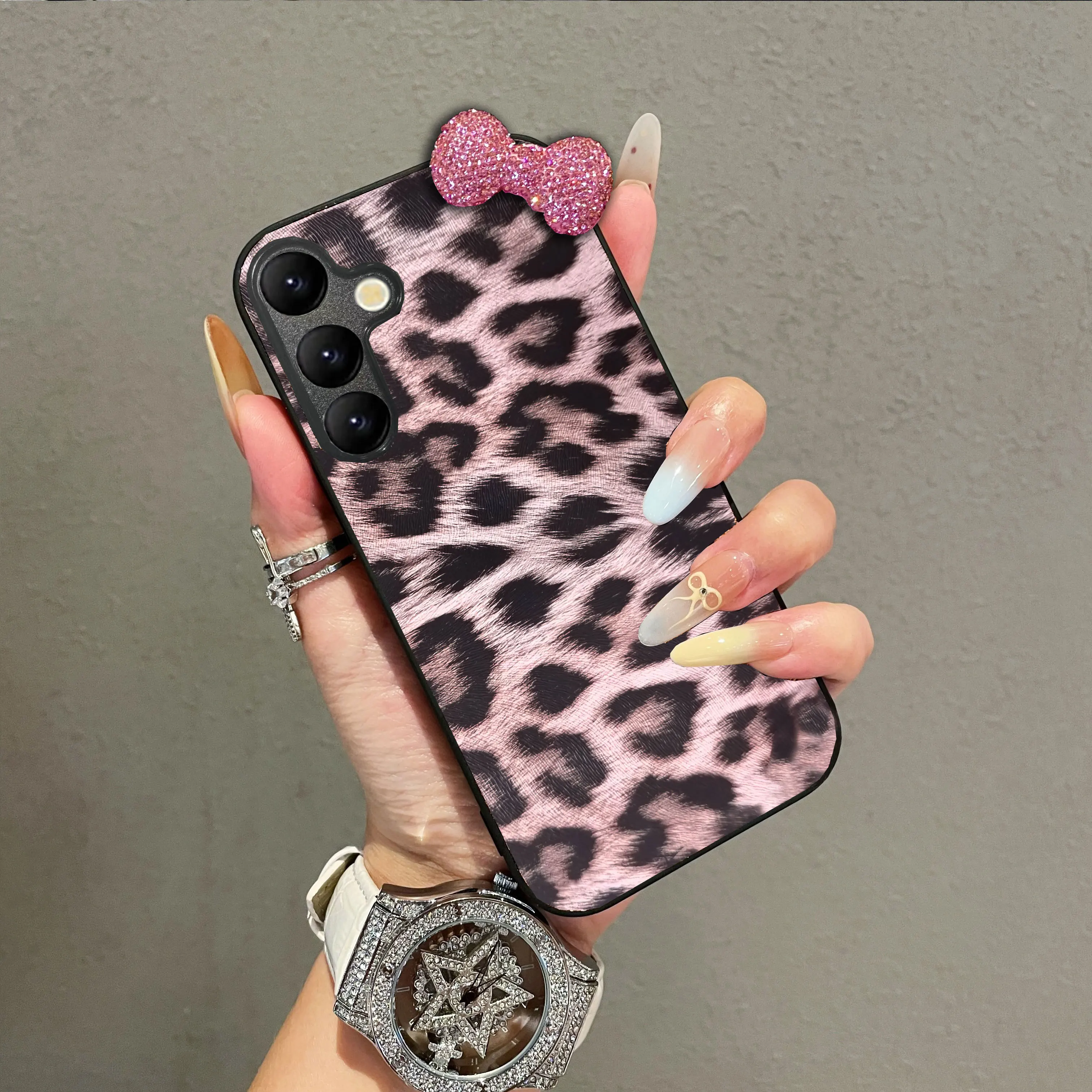 Luxury Leopard Leather 3D Diamond Bowknot Bling Phone Case Cover