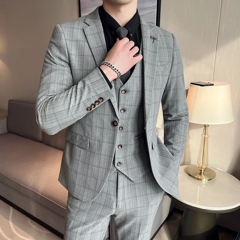 

3 Piece Blazer Vest Pants / 2022 Fashion New Men's Casual Boutique Business Solid Color Plaid Groom Wedding Formal Blazer Dress