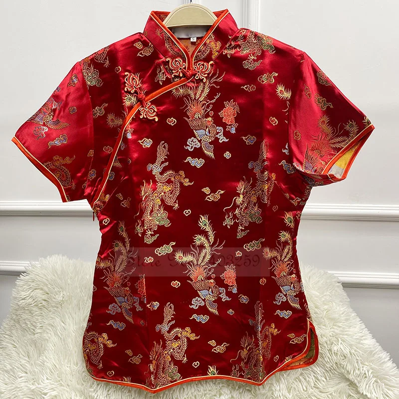 

PLUS SIZE Chinese National Women Blouse New Summer Short Sleeve Shirt Tops Traditional Dragon Phoenix Mandarin Collar Clothing