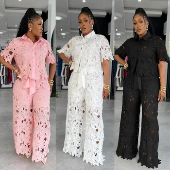 Streetwear Hollow Out Lace Casual Pants Outfits Sexy Women Two Pieces Club Matching Set Top+Trousers 1