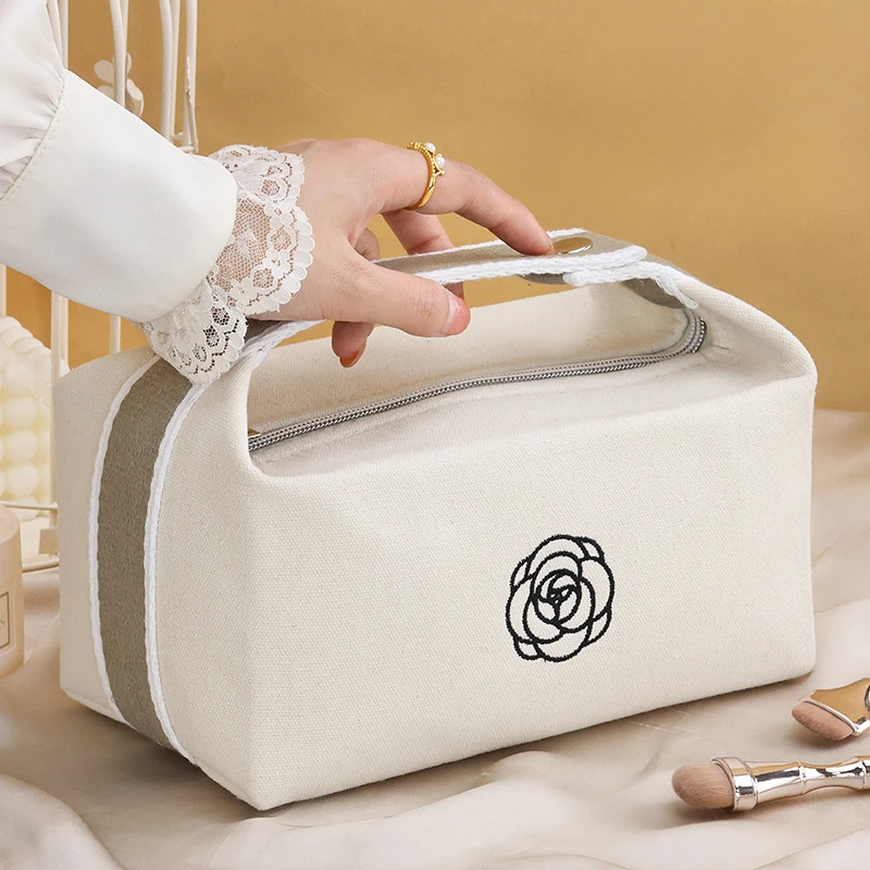 Premium Handheld Portable Camellia Canvas Makeup Bag for Travel Large Capacity Toiletries Cosmetics Skincare Storage Bag 3