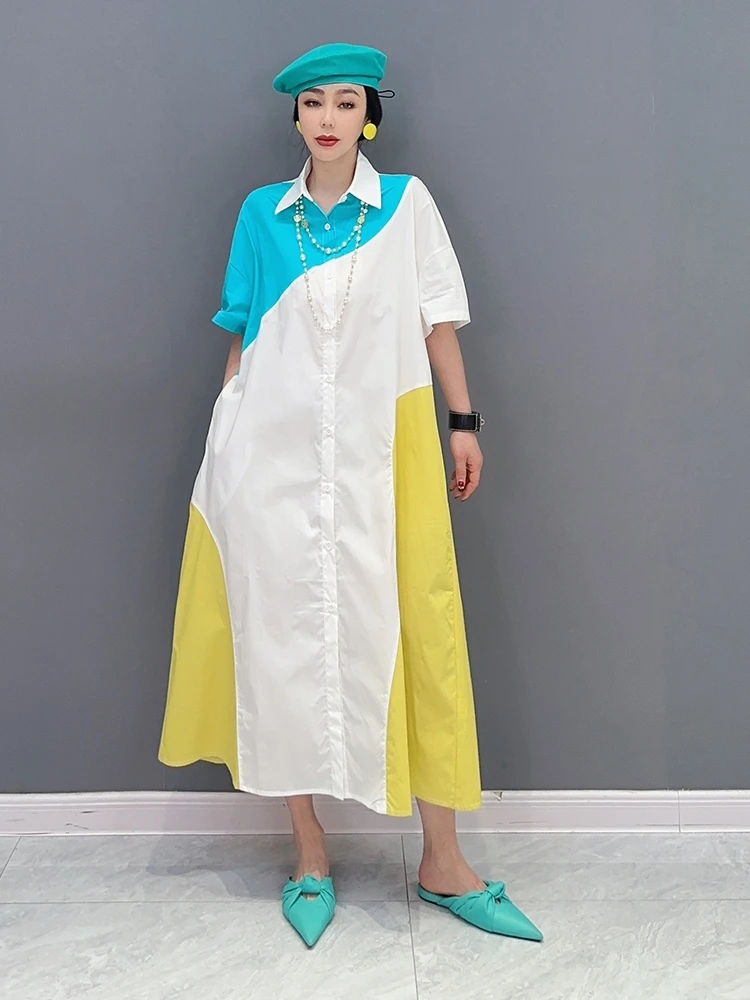 

New spring/summer 2023 women dress POLO collar color matching long shirts with short sleeves loose big yards comfortable fashion
