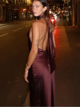 Elegant Solid Color Satin Halter Lace Up Long Dress Sexy Off Shoulder Backless Sleeveless Bodycon Dresses New Lady Party Robe 1