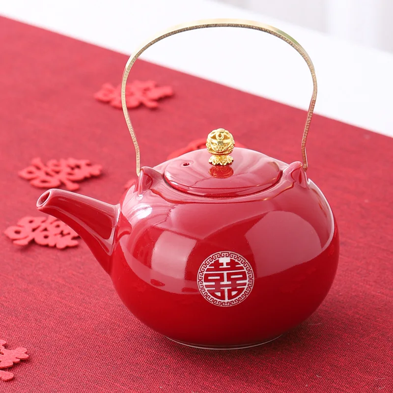 Chinese Style Red Ceramic Teapot, Kung Fu Household Supplies, Celebratory Wedding Banquet Supplies, Metal Handle Tea Pots, 1Pc