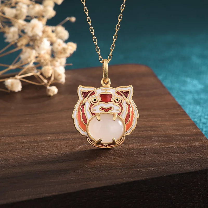 

China Style Enamel Pendant Necklace Inlaid With White Hetian Jade Creative Zodiac Tiger Necklaces for Men Women Chirlden 29MM