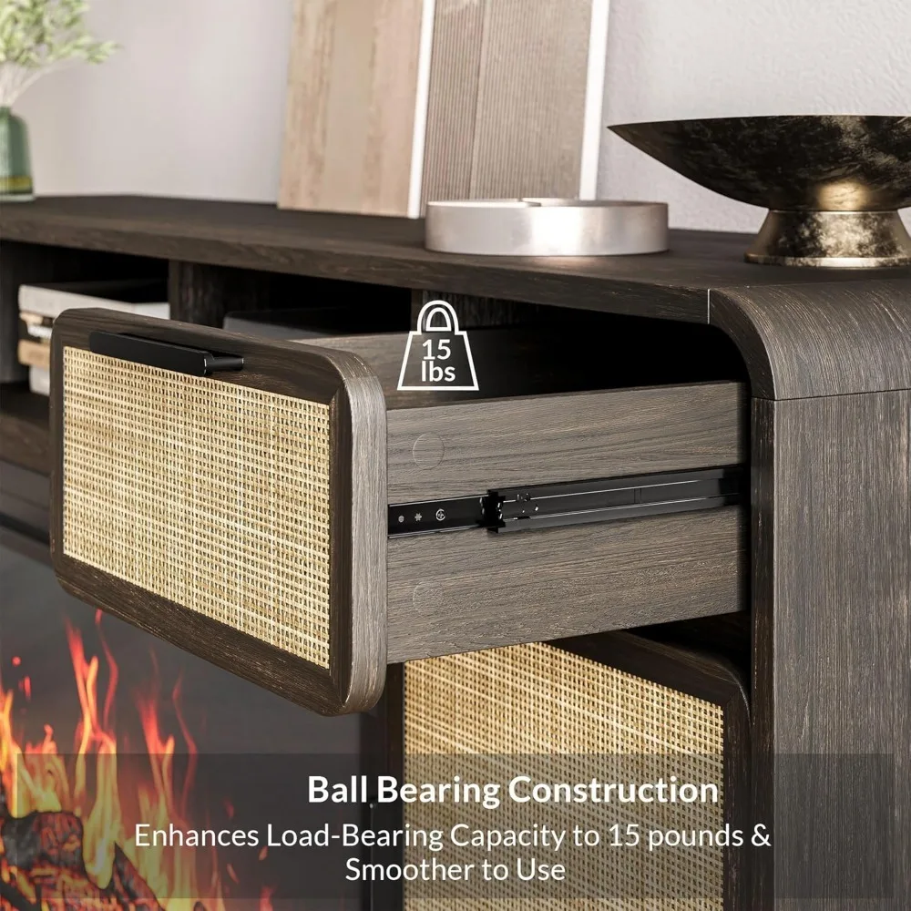 68" TV Stand for TV Up to 75",Boho Entertainment Center with 36" Electric Fireplace Heater with Sound, Rattan Decorated Console 4
