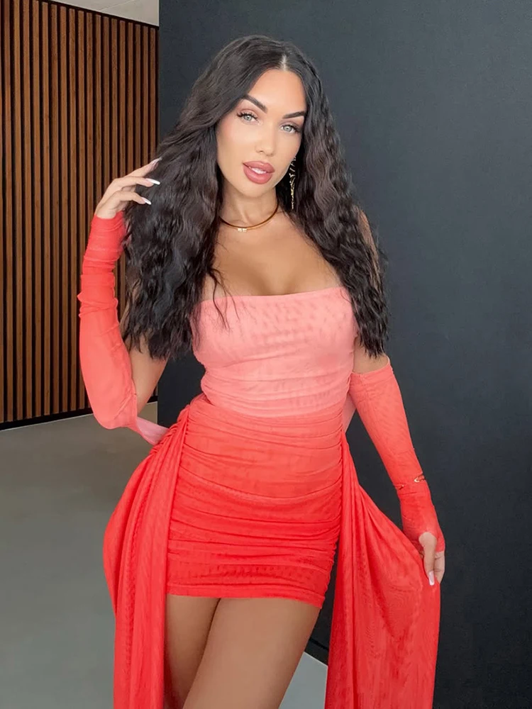 kliou Mesh Simple Women Mini Dress Fashion Solid Strapless Ribbons Tassel Body-shaping Vestidos+Seperately Full Sleeve Gloves 4