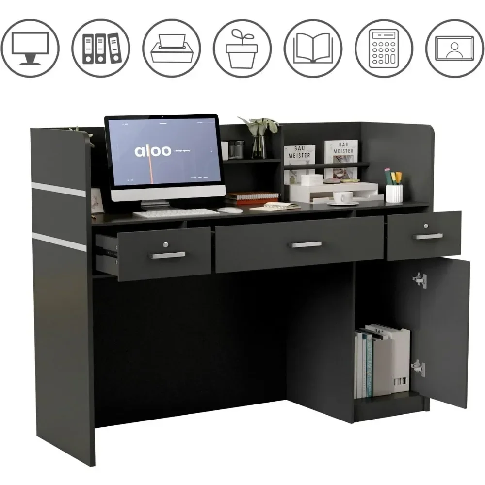 Reception Desk Reception Stations with Open Shelf & Drawers, Wooden Counter Desk with lockable Drawer for Office Reception Room 2