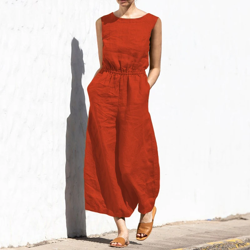 Summer Solid High Waist Sleeveless Jumpsuits For Women'S Fashion Casual Loose Fit Overall Wide Leg Pants Female One-Piece Suit