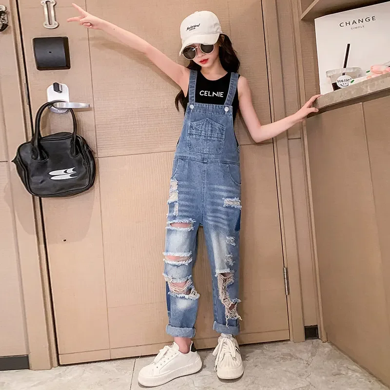 

Cool Hole Jumpsuit Girls Summer Fashion Destory Ripped Jeans Overalls Kids Streetwear Broken Costume 5 6 8 9 10 12 14Years Child