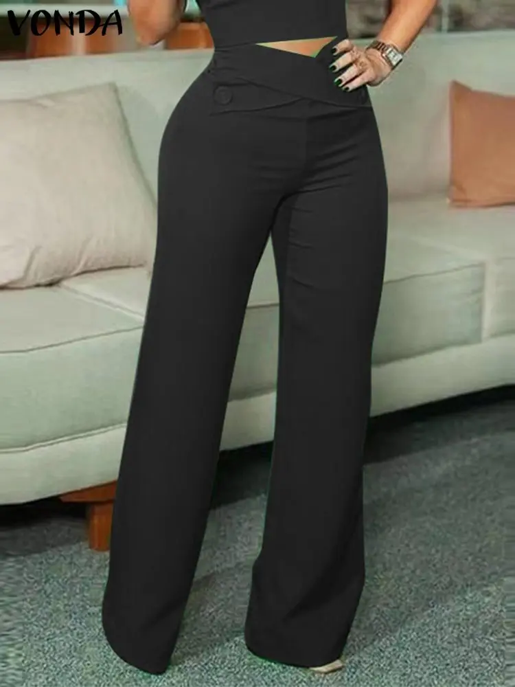 

Elegant High Waist Office Pants 2023 Women Buttons Cross Design Trousers VONDA Summer Zipper Hip Casual Straight Pants