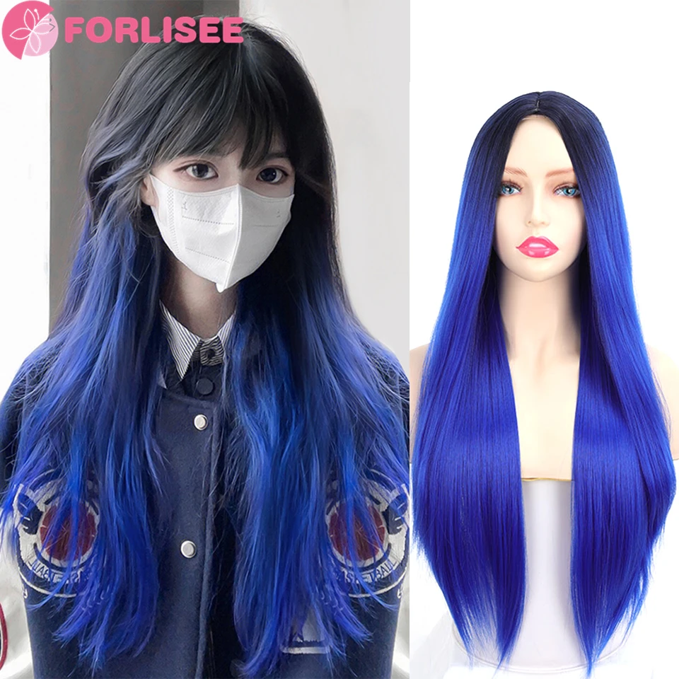 

FORLISEE Synthetic Long Straight Gradient Blue Middle Part Wig Heat-Resistant Fiber Two-Tone Cosplay Wig /Daily Wig For Women