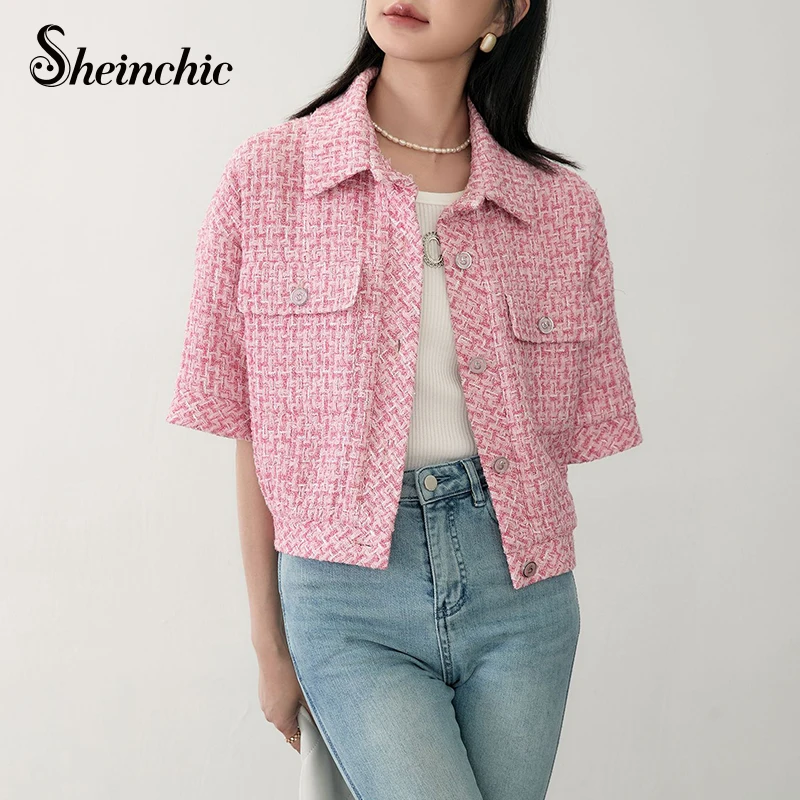 

2023 Autumn Tweed Jacket for Women Elegant Turn-down Collar Wool Coats Korean Fashion New In Outerwears Veste Femme