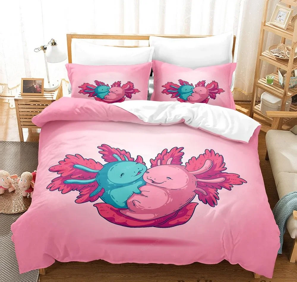Kawaii Animal Axolotl Print Bedding Set Single Twin Full Queen King Size Bed Set Aldult Kid Bedroom Duvetcover Set 3D Anime 2