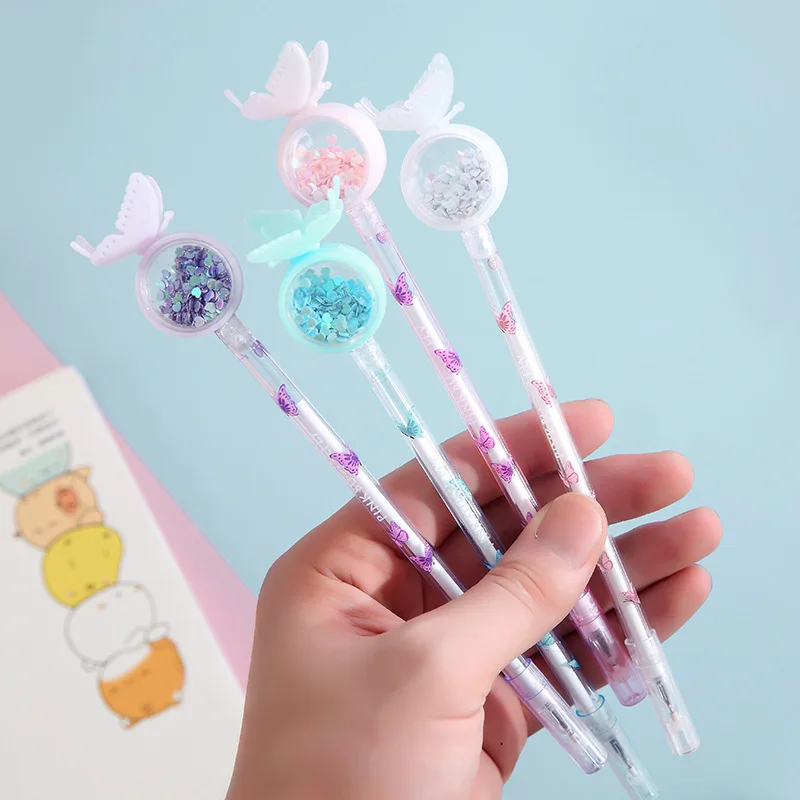 요정 나비 스팽글 젤 펜, 사무실 서명 펜, 학생 학용품, 귀여운 문구, 0.5mm, 4 개/세트