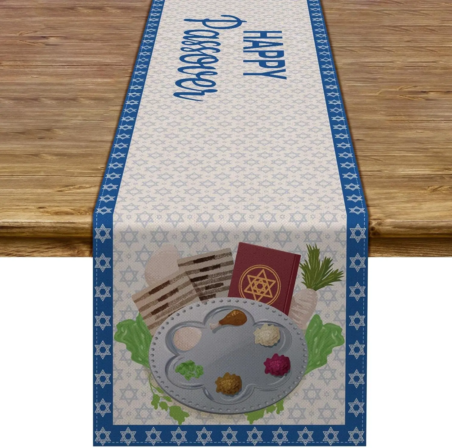 Happy Passover Linen Table Runner – Star of David Pesach Table Decor 1
