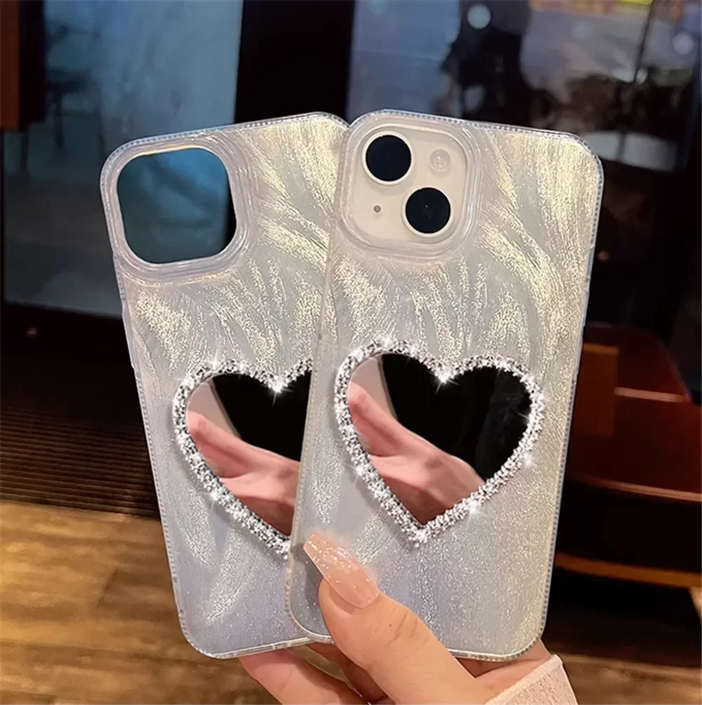 Luxury Diamond Heart Mirror Phone Case - Laser Shockproof Soft Silicone Back Cover