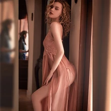 

Sexy Women's Sleepwear Mesh Perspective Lace Sling Long Nightdress Thin Homewear Nightwear Sleeveless Nightgown Night Dress