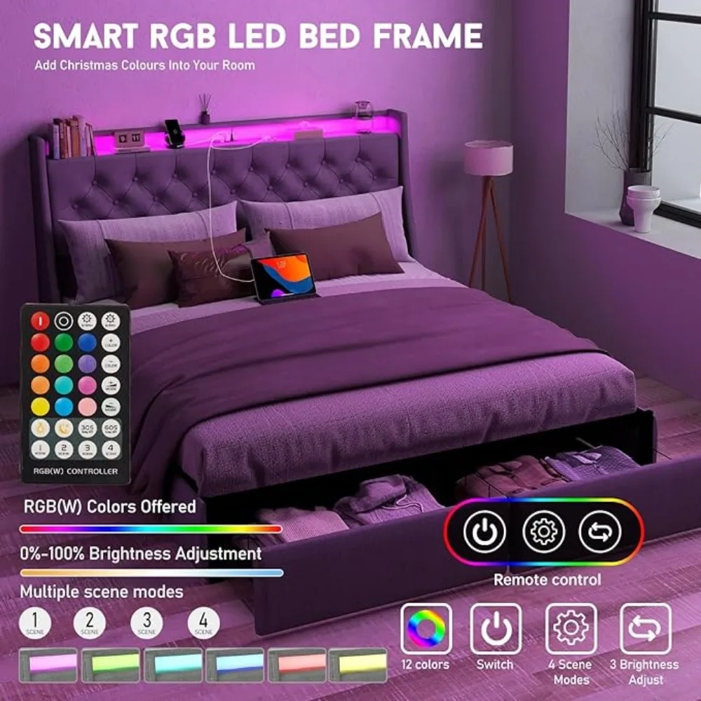 Queen Bed Frame with 2 Storage Drawers and Luxury Wingback Upholstered Button Tufted Storage Headboard Charging Station 4