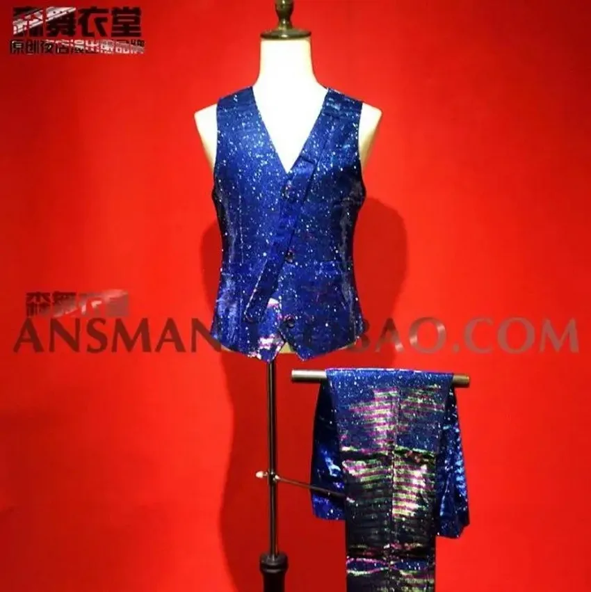 

New Color Blue Glitter Gradient Effect Suit Men Vest Suits Hairdresser Nightclub Bar Male Singer Dj Fashion Stage Costumes S-5xl