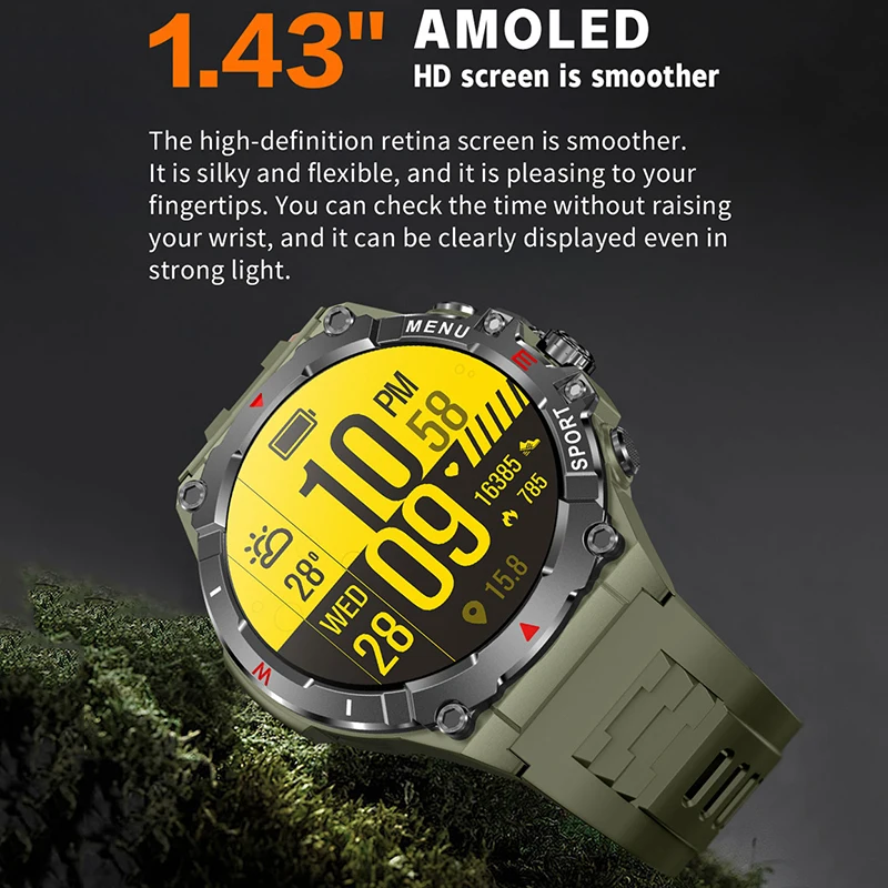 2025 NEW Compass Smart Watch 1.43 inch AMOLED Always on Display Clock Bluetooth Call 500mah battery IP68 Waterproof Smartwatch