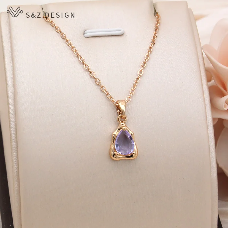 S&Z DESIGN New Fashion Irregular Light Purple Water Drop Pendant Necklace For Women Party Daily Champagne Gold Color Jewelry